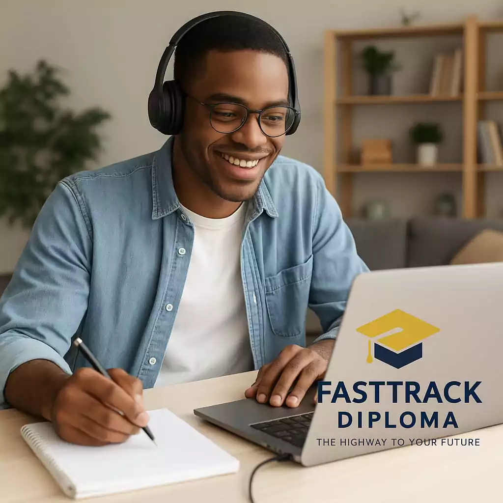 Student with headphones on laptop